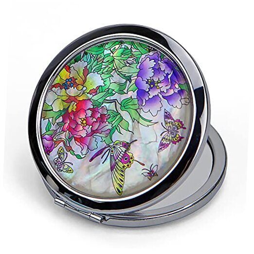 Compact Mirror–Mother of Pearl Magnifying Mirror–One Butterfly Tree Peony 777