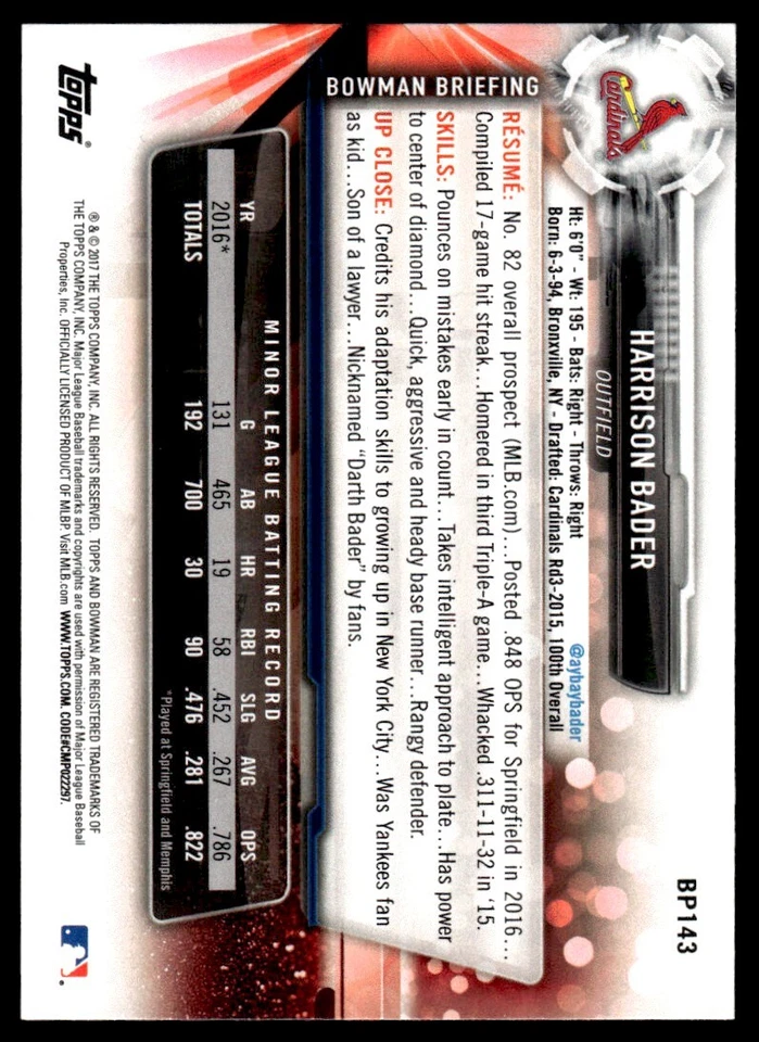 2017 Bowman Prospects Harrison Bader Rookie St. Louis Cardinals #BP143 R33 - Image 2 of 2