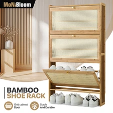 27" Bamboo Shoe Storage 5 Tier Natural Shoe Storage Cabinet w/ABS Rattan Doors
