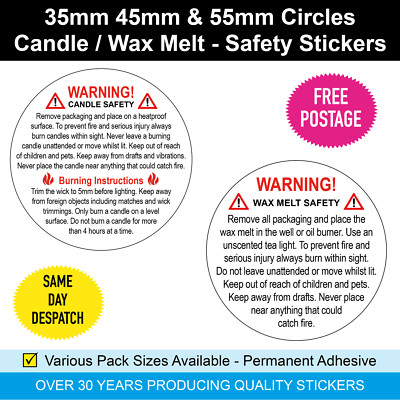 Candle Safety & Wax Melt Verpackungsaufkleber Etiketten 3 Größen 35/45/55mm