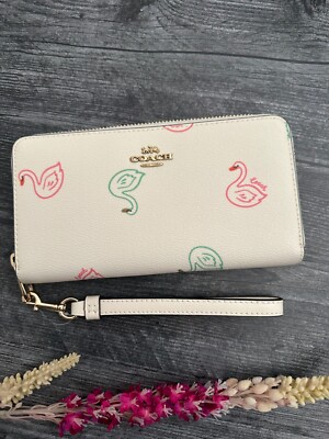 NWT Coach Swan Print Long Zip Around Wallet Wristlet C8384 Chalk