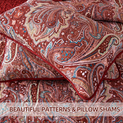 Red Paisley Quilt Set King Size Boho Quilt Bedspread Set 3 Pieces, Soft Lightwei - Picture 6 of 7