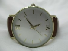 Analog Wristwatch Brown Buckle Band Round Gold Tone Face Roman Numerals