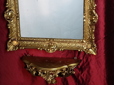 Set Mural 2 Pièces : Miroir Antique Baroque Doré + Console étagère Dépose - 56x46 Cm - Style Ancien