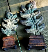 Vintage PIER 1 Set 2 METAL LEAF SCULPTURES ON BASES Distressed Verdigris Finish