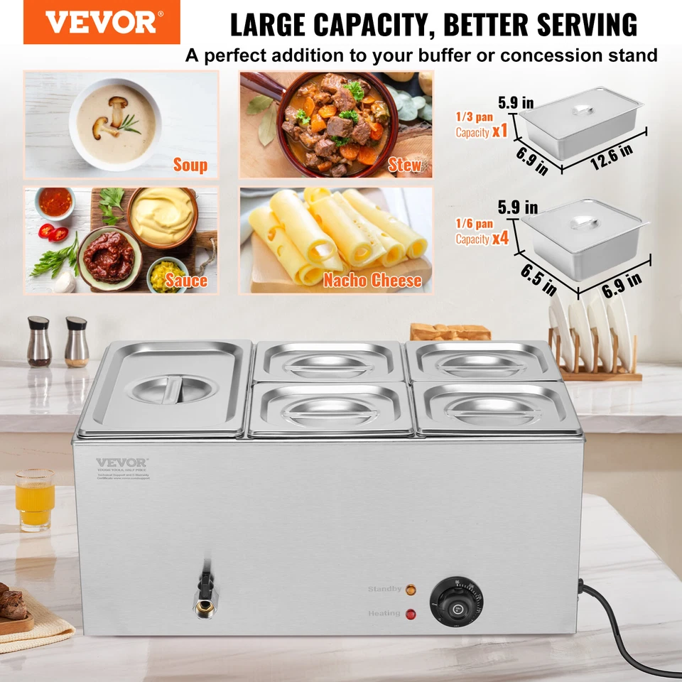 VEVOR Scaldavivande Commerciale a 5 Teglie 14,5 L Buffetda Bancone Acciaio Inox - Immagine 2 di 4
