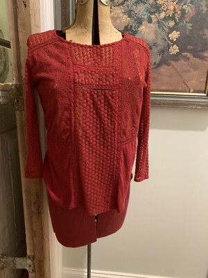 LUCKY BRAND Burgundy Mesh Dotted Sleeve/Lace/Lattice Combo Block Top L