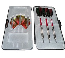 Accudart Dart Set Of 3 Steel Tipped Darts W/ Case Hard Tips Colorful Red Flyers