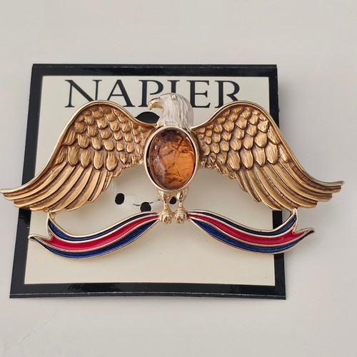 Napier American Eagle with Patriotic USA Ribbon Faux Tiger's eye Brooch Pin NEW - Picture 2 of 5