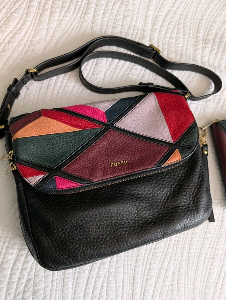 Bolso Bandolera y Cartera Fossil 'Preston' Cuero Solapa Retazos Cuero Negro Y2K Foto 4 de 4