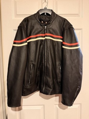 INTERSTATE Black Leather Cafe Racer Striped  Motorcycle Jacket Men's XXL