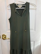 Michael Kors Olive Green Sleeveless Dress Women’s Medium Ruffle Hem Tie Neck