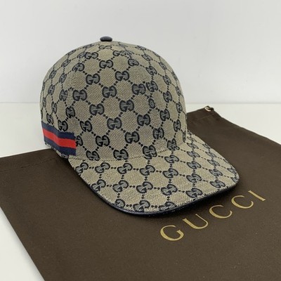 Gucci GG Monogram Pattern Logo Web Stripe Canvas Baseball Cap Hat Gray Size M