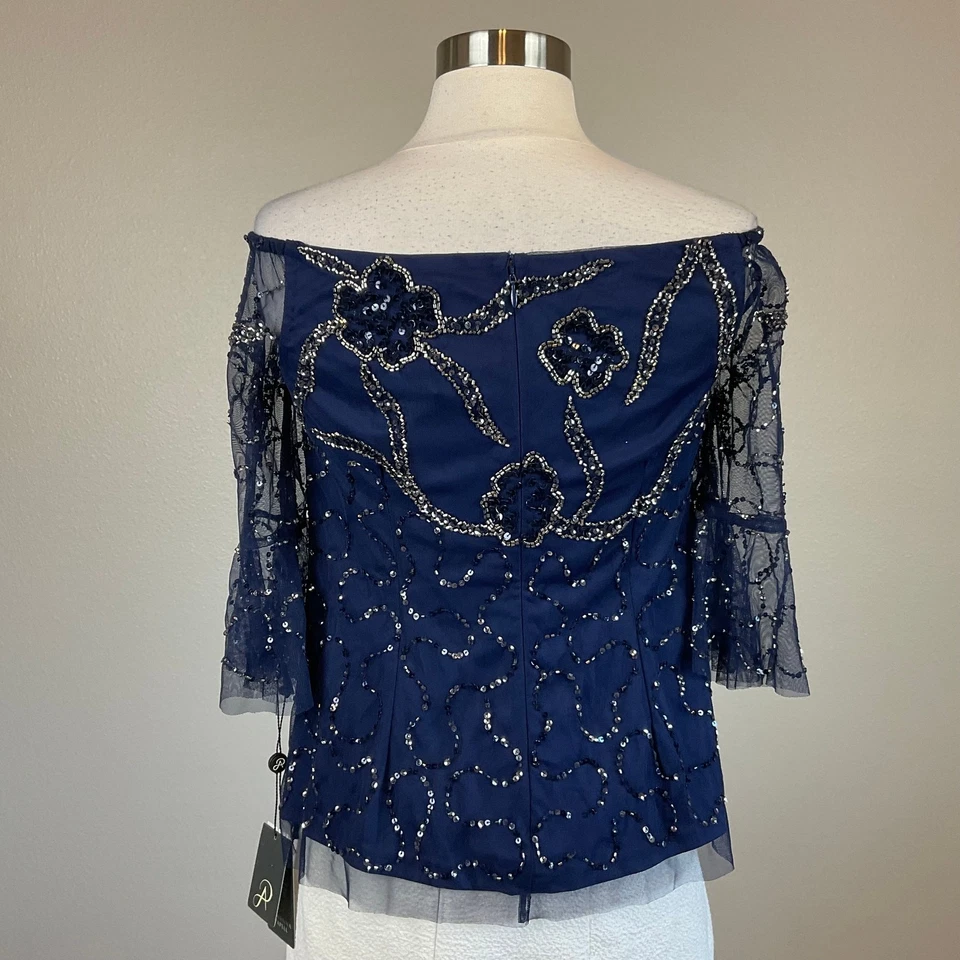 Adrianna Papell Women's Blouse Size 8 Blue Beaded Off the Shoulder Chiffon - image 4 of 4