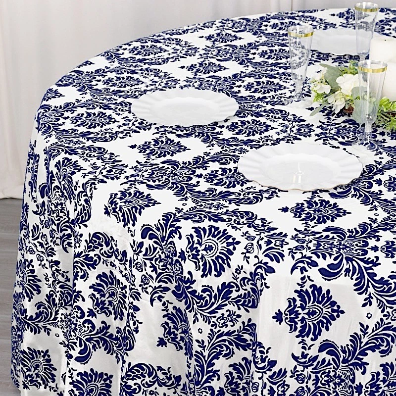 5 pcs 120" Royal Blue White FLOCKING DAMASK ROUND TABLECLOTHS Wedding Party - Image 2 of 4