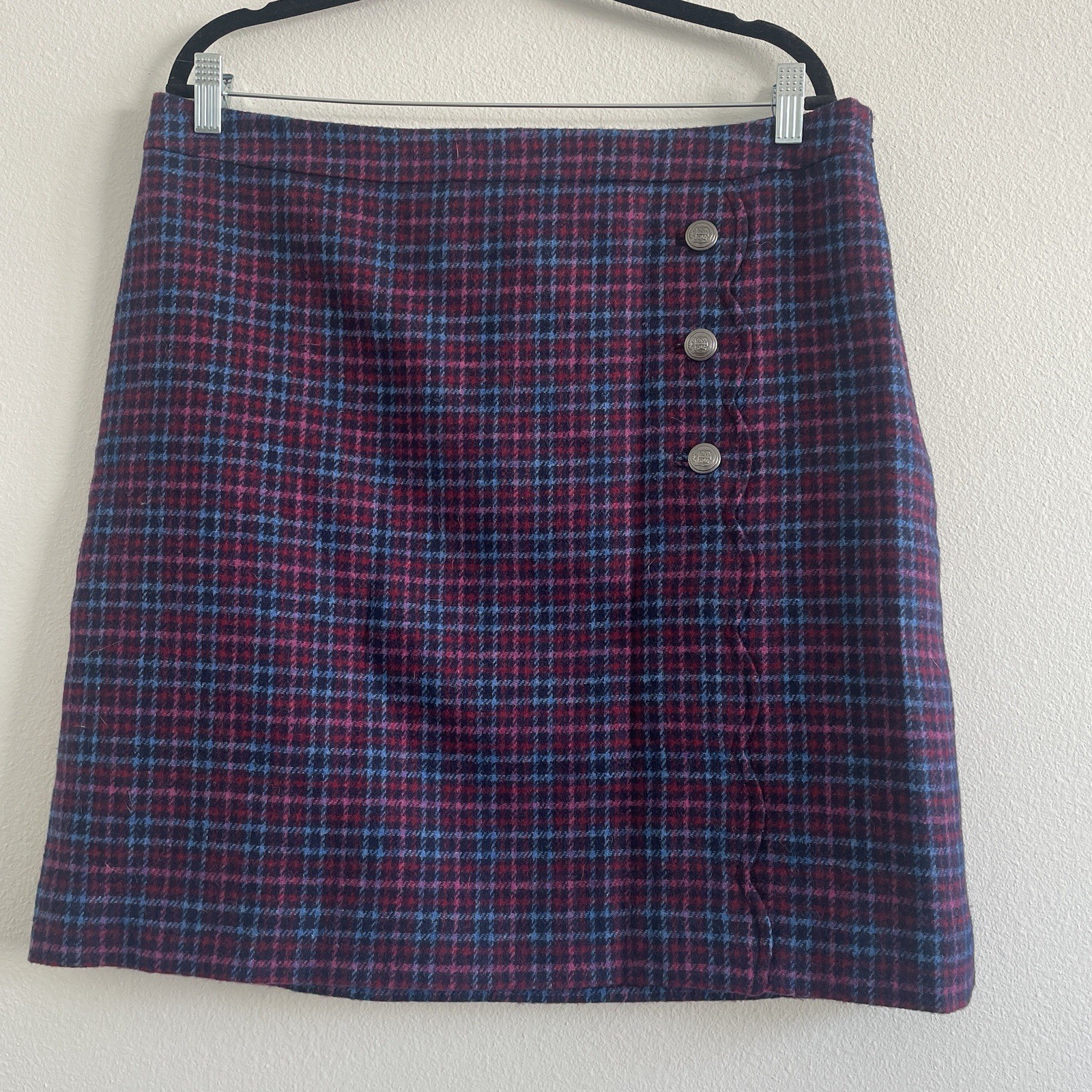 Talbots Women 16P Mini Skirt Blue Pink Plaid Wool Blend Office Career