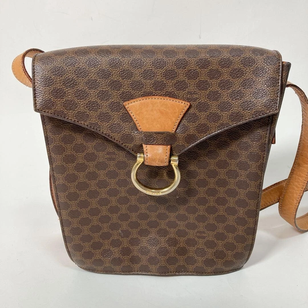 Borsa a tracolla CELINE Macadam logo Gancini pelle PVC marrone USATA originale #S2072
