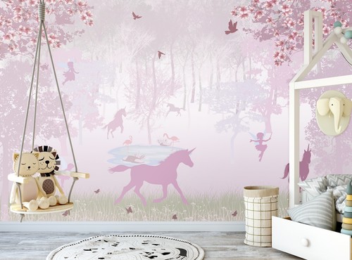 Pink Forest Wall Mural Kids Unicorn Wallpaper Nursery Paper Poster Girls Room - Picture 3 of 10