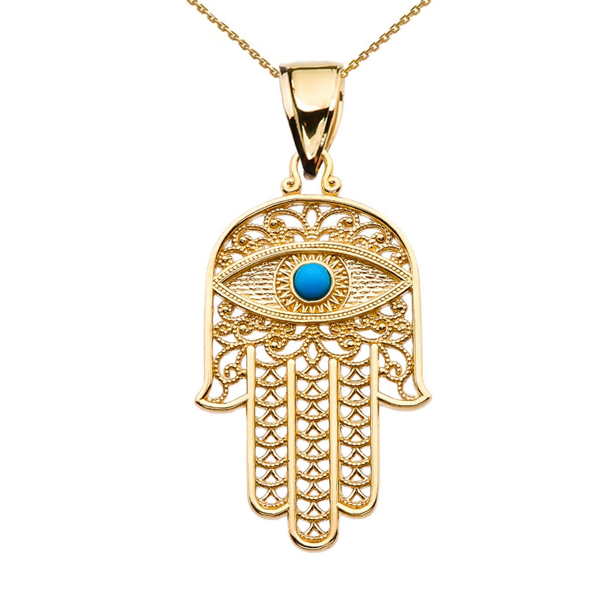 10k Yellow Gold Evil Eye Turquoise Stone Filigree Hamsa Hand Pendant  Necklace