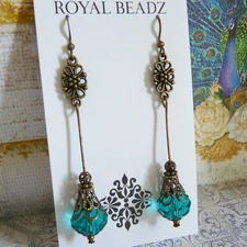 Peacock Green Crystal Victorian Art Nouveau BoHo Style Bronze Long Drop Earrings