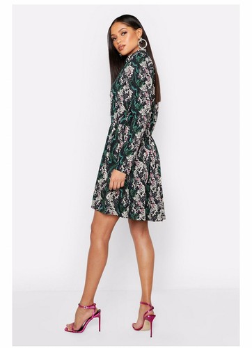 Boohoo Tall Green Snake Print Long Sleeve Shirt Smock Dress Size 8 - Picture 9 of 12