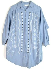 Vintage Go Softly Patio House Dress Small Denim Button Blue Embroidered Beaded