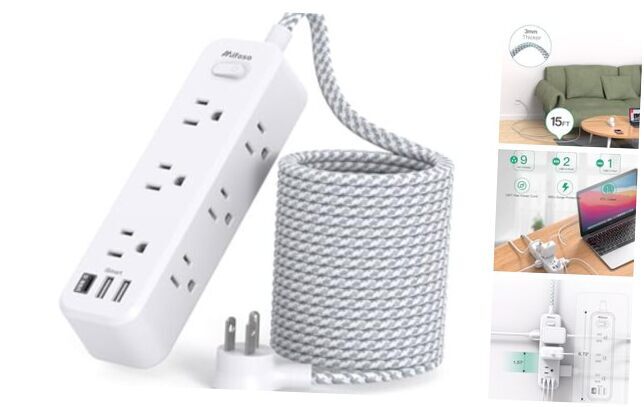 Extension Cord 15 ft, Surge Protector Power Strip, Long Extension Cord with 9-image