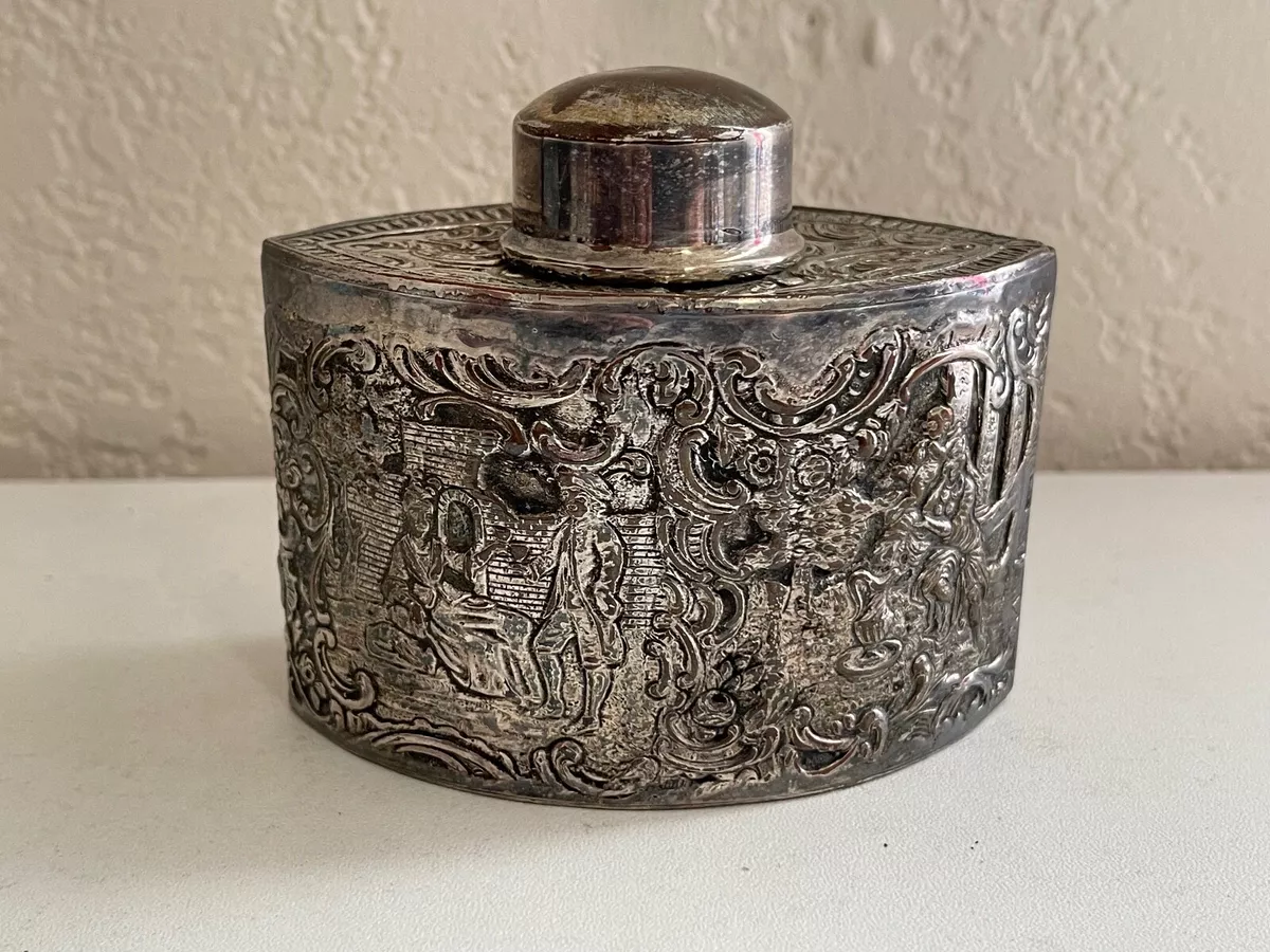Antique EG Webster Son Silver Plated Tea Caddy w Various Figures Decoration