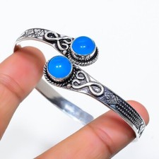 Blue Chalcedony Gemstone 925 Sterling Silver Jewelry Cuff Bracelet Adjustable