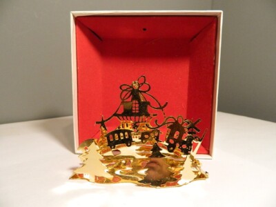 Vintage Lunt 3D Gold Electroplated Train Scene Ornament Christmas Holiday