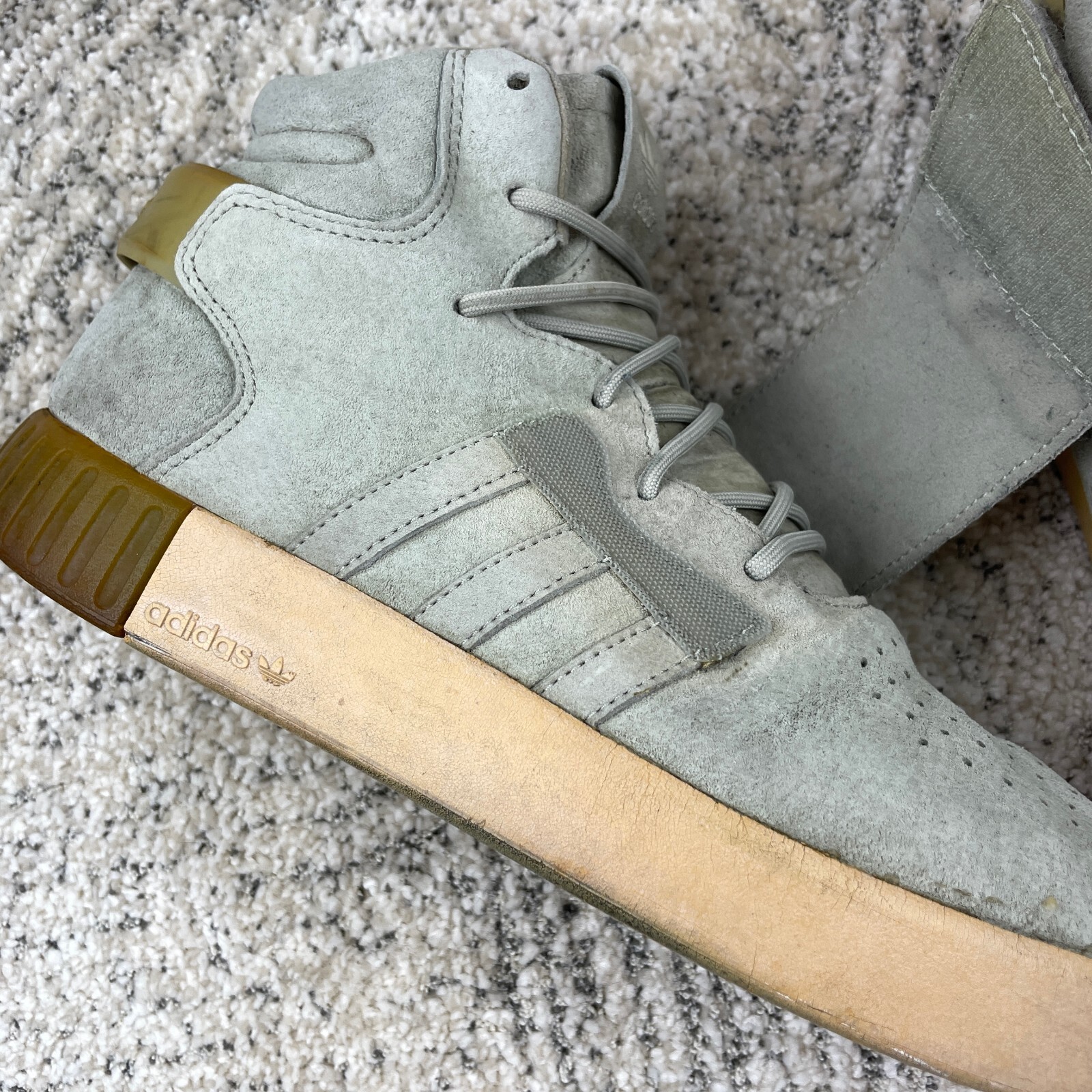 Adidas Tubular Invader Strap Men Size 8 Sesame Solar Slime Sneaker Gray High Top