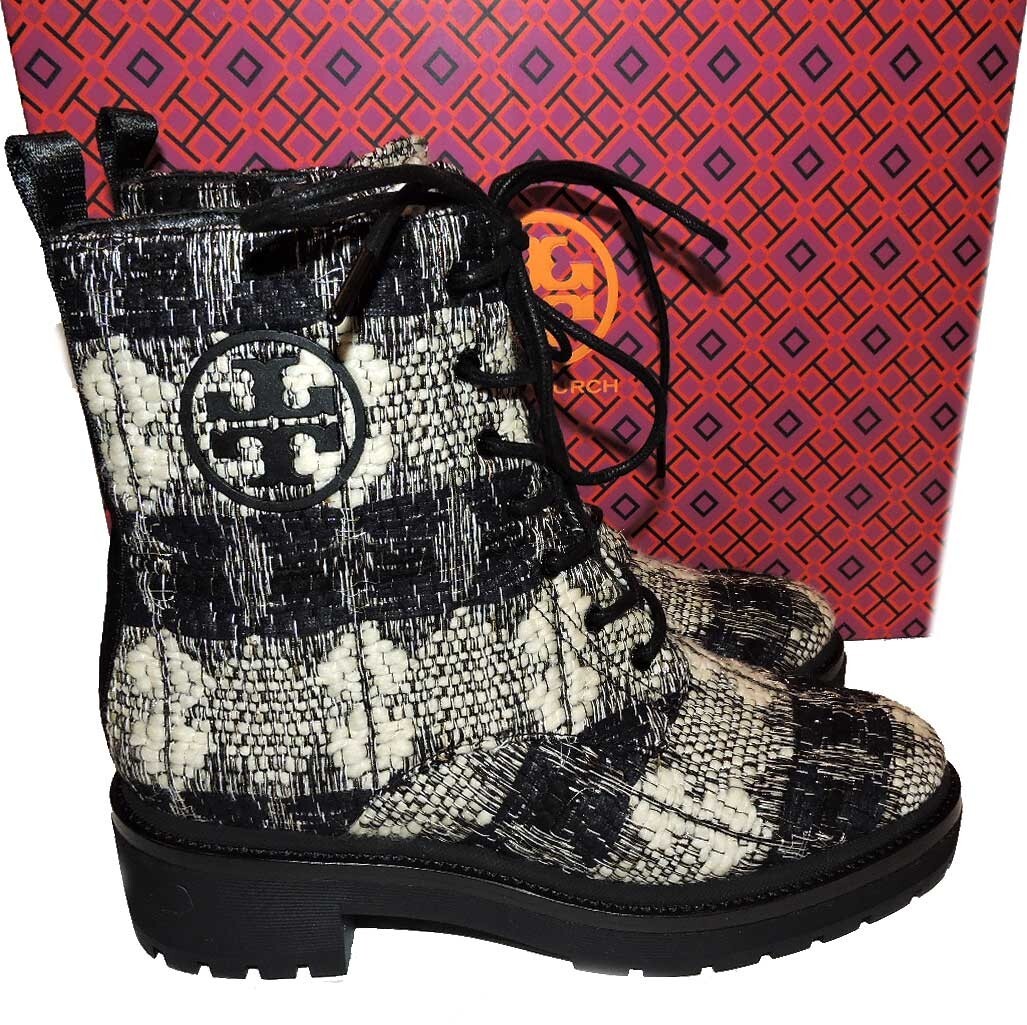Sz Tory Burch Miller Hiking Boots Lug Sole Black White Combat