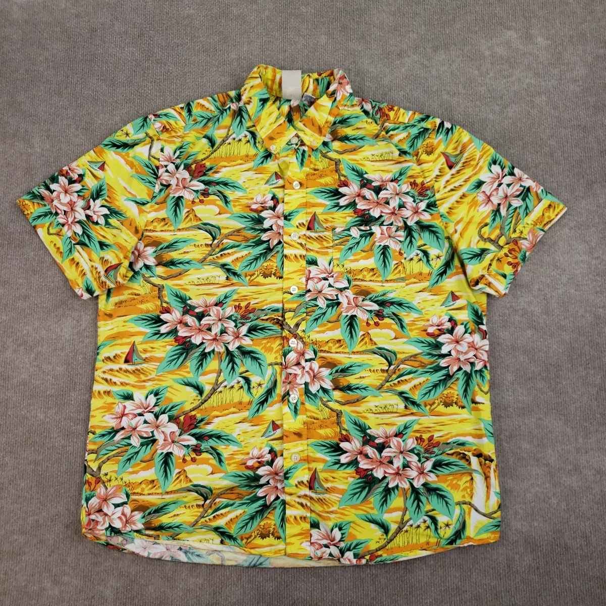 Ken LTD Hawaiian Shirt Mens XL Yellow Green Button Up Short Sleeve