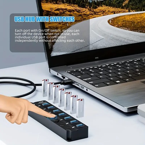 USB Hub 3.0 with 7 Ports and LED On/Off Switch & Extension Cable for MacBook, Ma - Picture 2 of 6