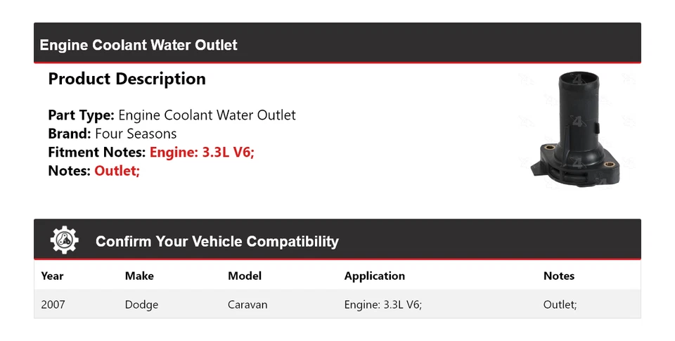 Dodge Caravan 2007 motor V6 de 3,3 L salida de agua refrigerante 4 estaciones Foto 2 de 4