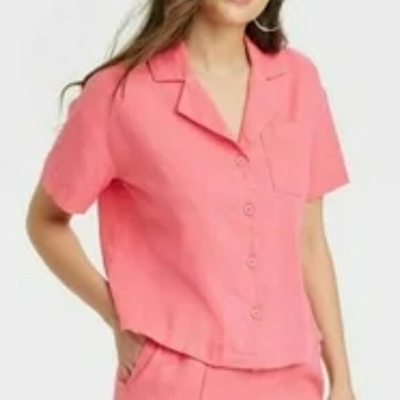 NWT A New Day Pink Coral Linen Blend Short Sleeve Shirt Blouse Size XS