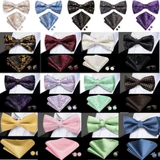 Hi-Tie  Red Black Pre-Bow Tie Set Prom Paisley Wedding Cuffls Hanky Wedding