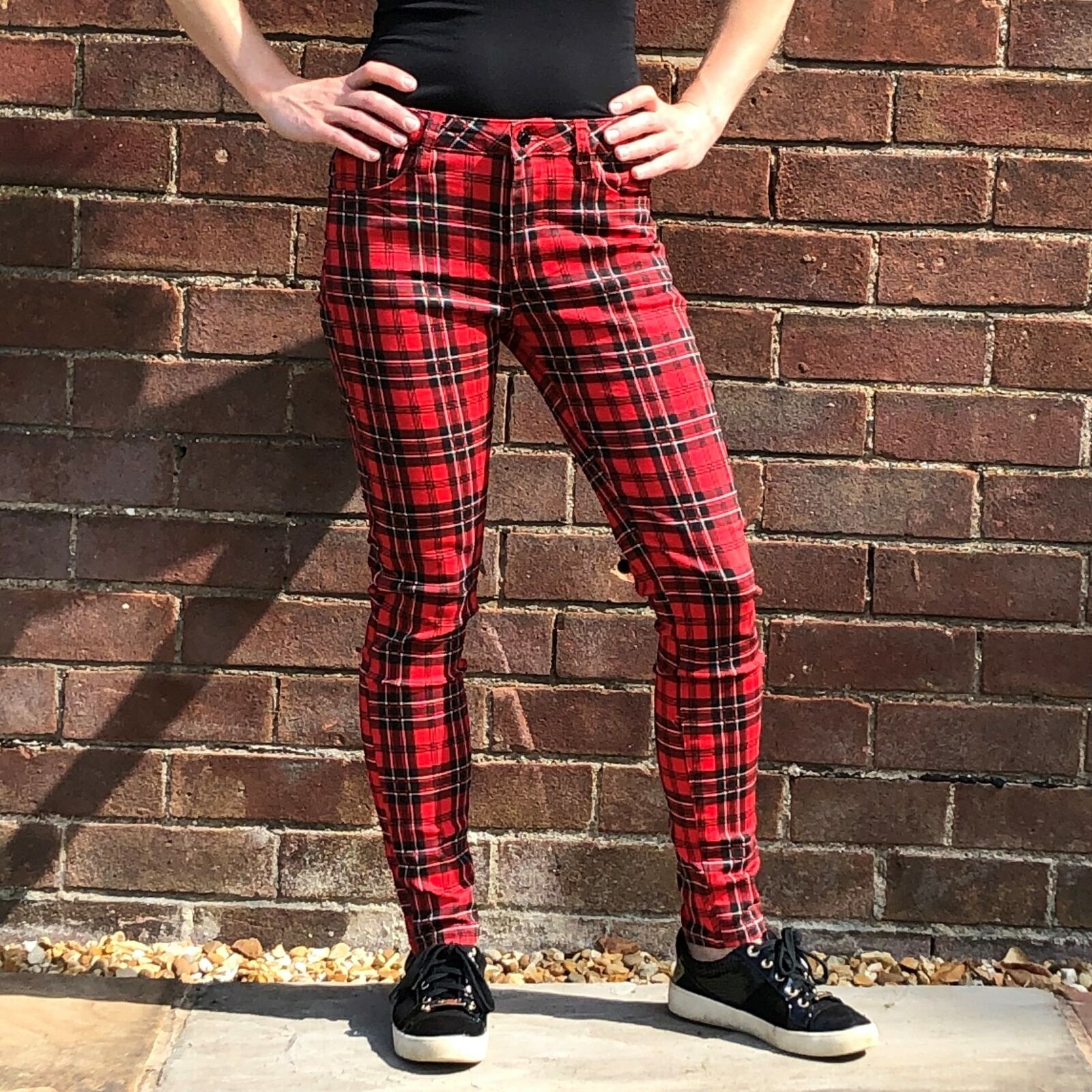 Green Slim Tartan Trousers Skinny Stretch Plaid Pants Check Jeans