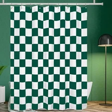 Aesthetic Checkerboard Grid Faux Linen Shower Curtain Green White 71x71 inch
