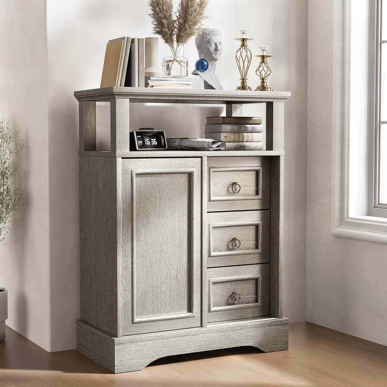 Farmhouse Small Floor Cabinet with Drawers & Adjustable Shelves