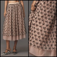 Anthropologie Maeve 3D Bows Midi Skirt Peachy Nude Black MEDIUM Tulle Gorgeous
