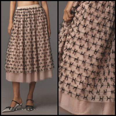 Anthropologie Maeve 3D Bows Midi Skirt Peachy Nude Black Size XL Tulle Gorgeous