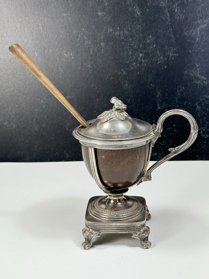 Forro y cuchara de madera para maceta de mostaza Christofle de la década de 1930 Foto 2 de 4