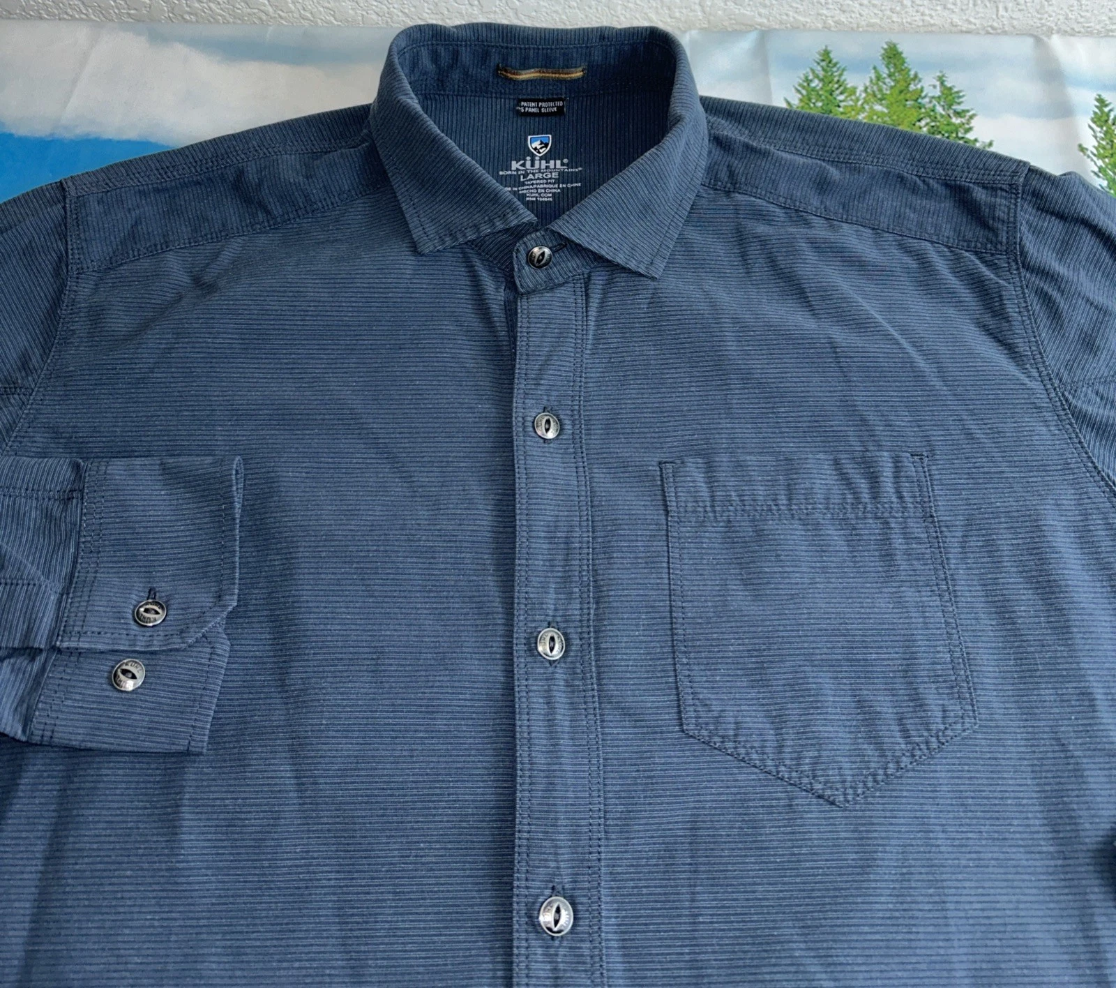 Kuhl Tapered Fit Shirt Men Large Blue Hiking Nylon Blend 5 Panel Sleeves