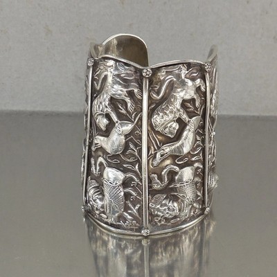Indo Persian Antique 925 Sterling Silver Cuff Bracelet Repousse Deer Lion Deity