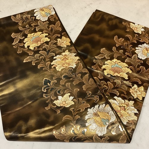 Japanese Fukuro Obi Brown Gold Floral Kimono Belt Vintage Used