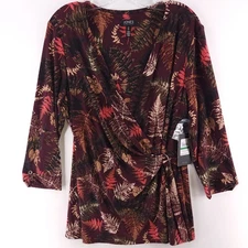 Jones New York Wine Plum Leaf Print Wrap Top Stretch Gold Button Womens Size L