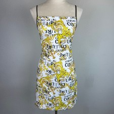 Versace Jeans Couture Baroque Logo Print Spaghetti Strap Mini Dress White Gold