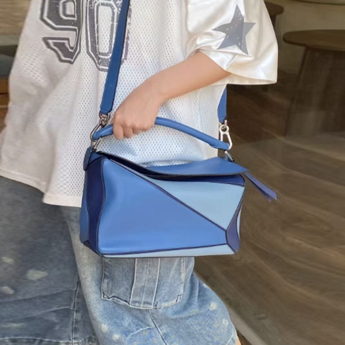 LOEWE Medium Puzzle Bag Two-Tone Blue Grey Grained Calfskin Navy