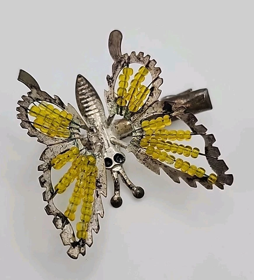 Vintage Trembler Butterfly Moving Wing Silver Tone Glitter Bead Enamel Hair Clip - Image 4 of 4